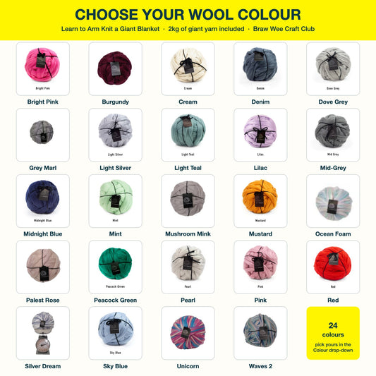 Arm knitting wool colour chart - all 24 giant yarn colours available at Braw Wee Craft Club