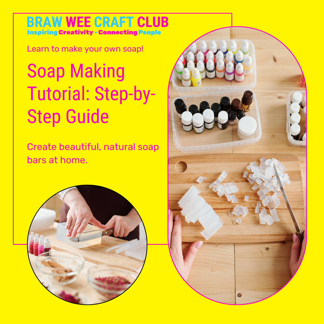 Yellow Background. Soap Making Tutorial: Step by Step Guide with photos of chopped up soap base, essential oils, colours and hands chopping soap base. 